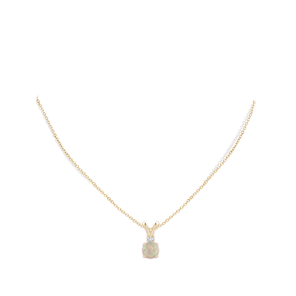 7mm AAAA Round Opal Solitaire V-Bale Pendant with Diamond in Yellow Gold Body-Neck