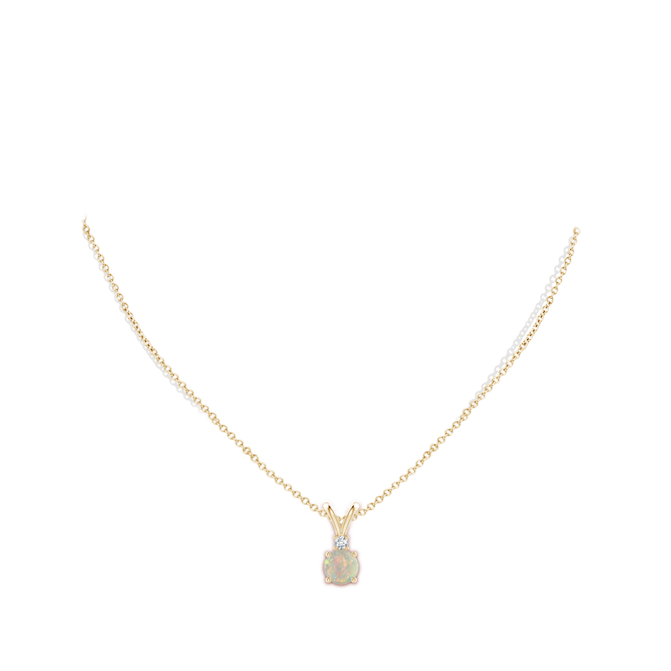 7mm AAAA Round Opal Solitaire V-Bale Pendant with Diamond in Yellow Gold body-neck