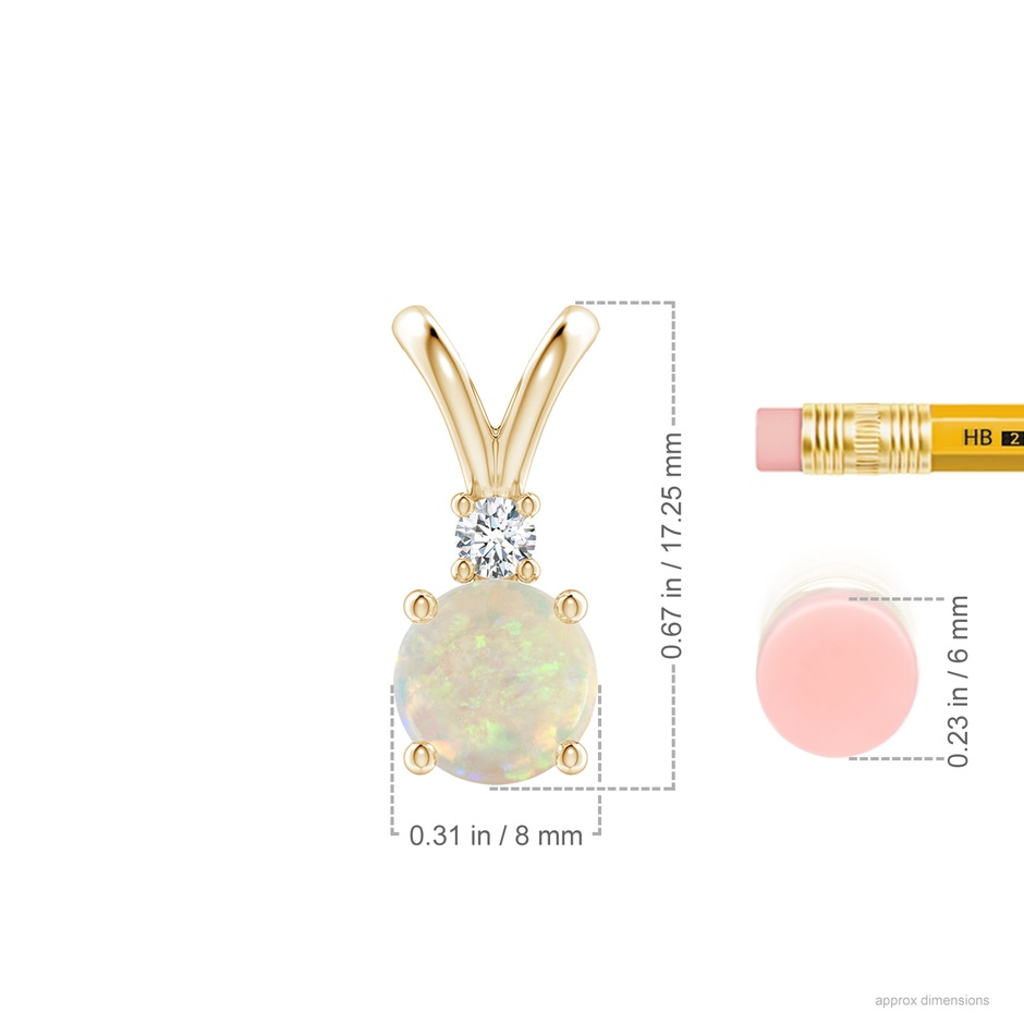 8mm AAA Round Opal Solitaire V-Bale Pendant with Diamond in Yellow Gold ruler