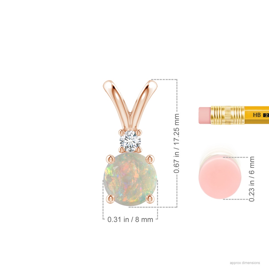 8mm AAAA Round Opal Solitaire V-Bale Pendant with Diamond in Rose Gold ruler