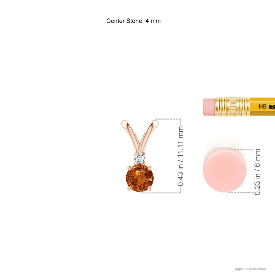 4mm AAAA Round Orange Sapphire Solitaire V-Bale Pendant with Diamond in Rose Gold ruler