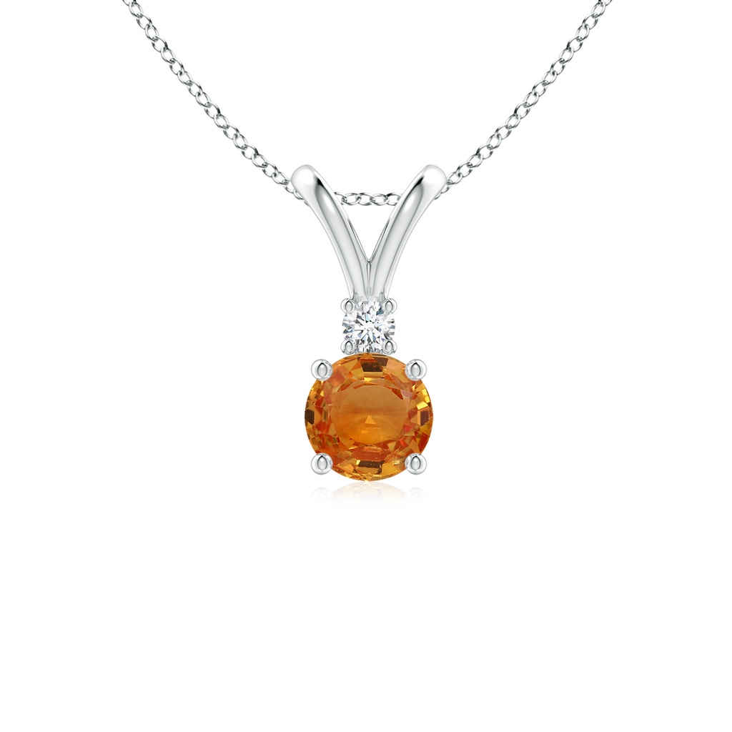 5mm AAA Round Orange Sapphire Solitaire V-Bale Pendant with Diamond in White Gold