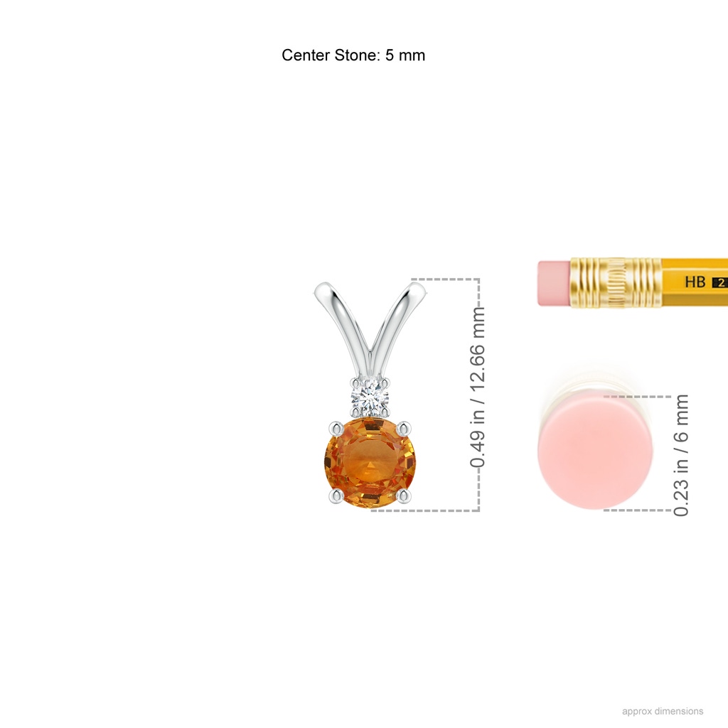 5mm AAA Round Orange Sapphire Solitaire V-Bale Pendant with Diamond in White Gold Ruler