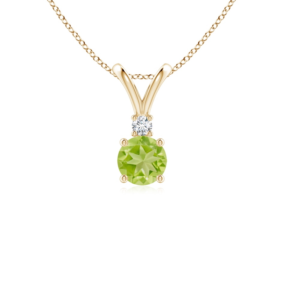 5mm AA Round Peridot Solitaire V-Bale Pendant with Diamond in Yellow Gold 