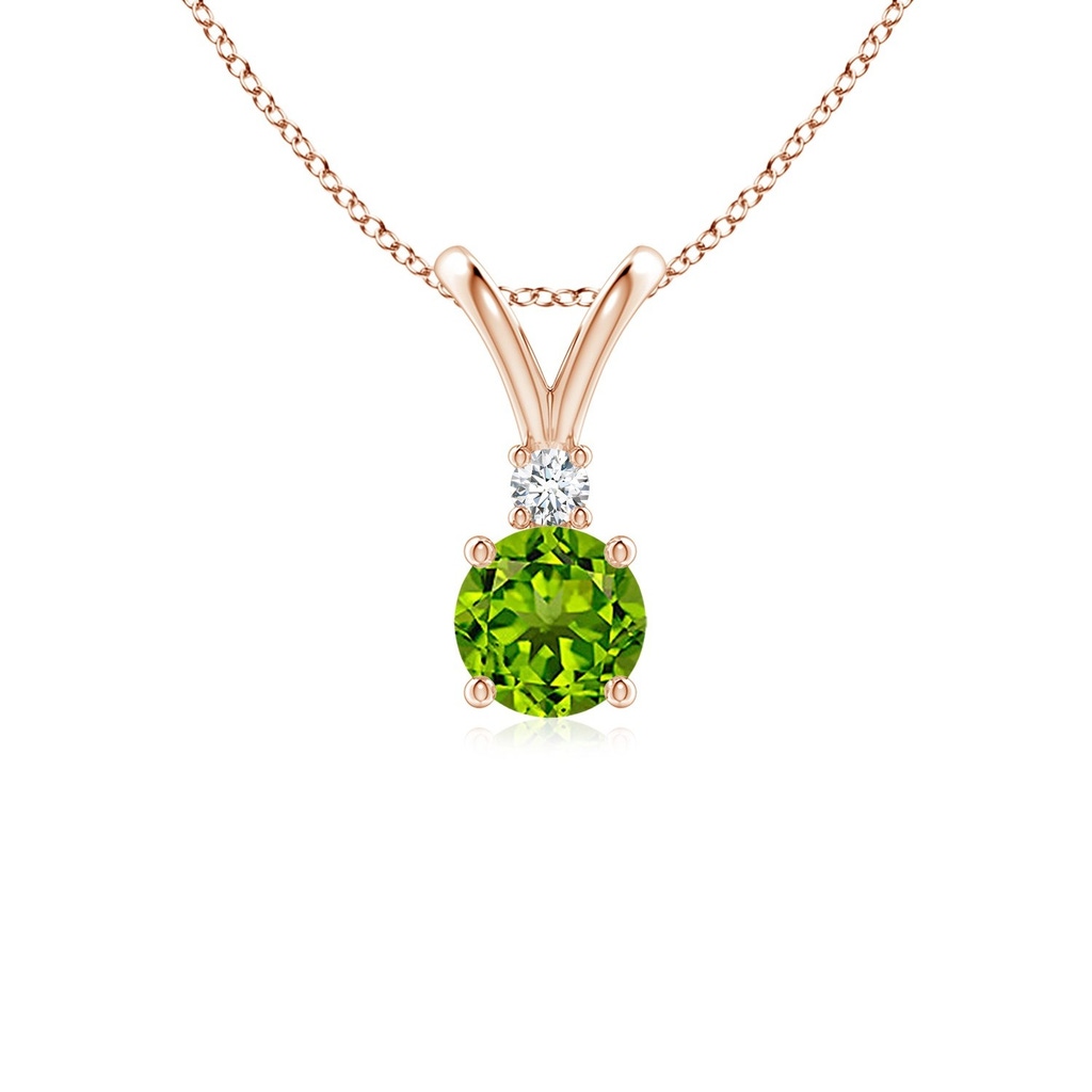 5mm AAAA Round Peridot Solitaire V-Bale Pendant with Diamond in Rose Gold
