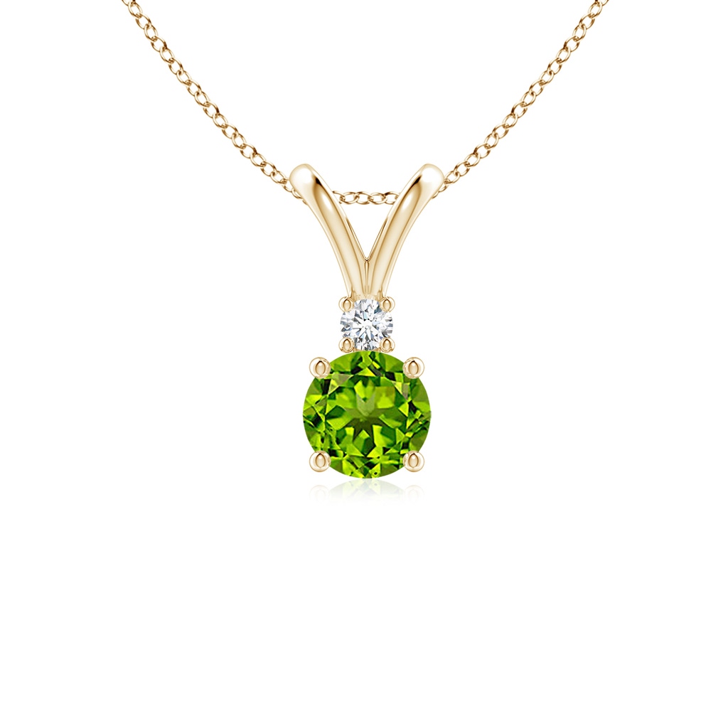5mm AAAA Round Peridot Solitaire V-Bale Pendant with Diamond in Yellow Gold