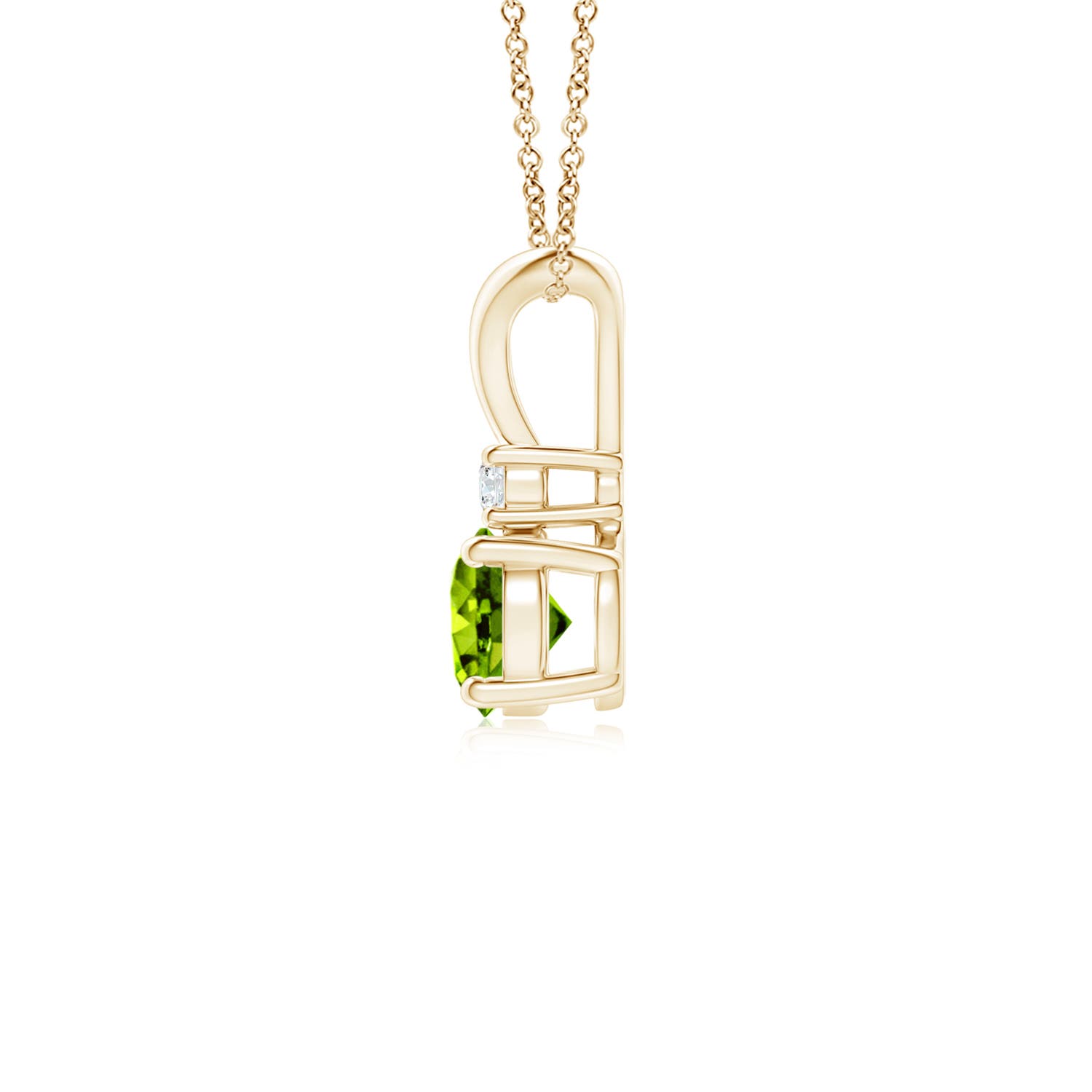 5mm AAAA Round Peridot Solitaire V-Bale Pendant with Diamond in Yellow Gold