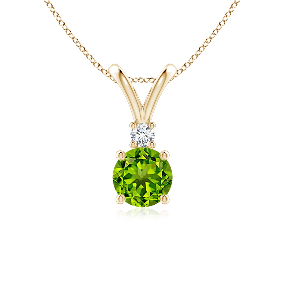 6mm AAAA Round Peridot Solitaire V-Bale Pendant with Diamond in Yellow Gold 