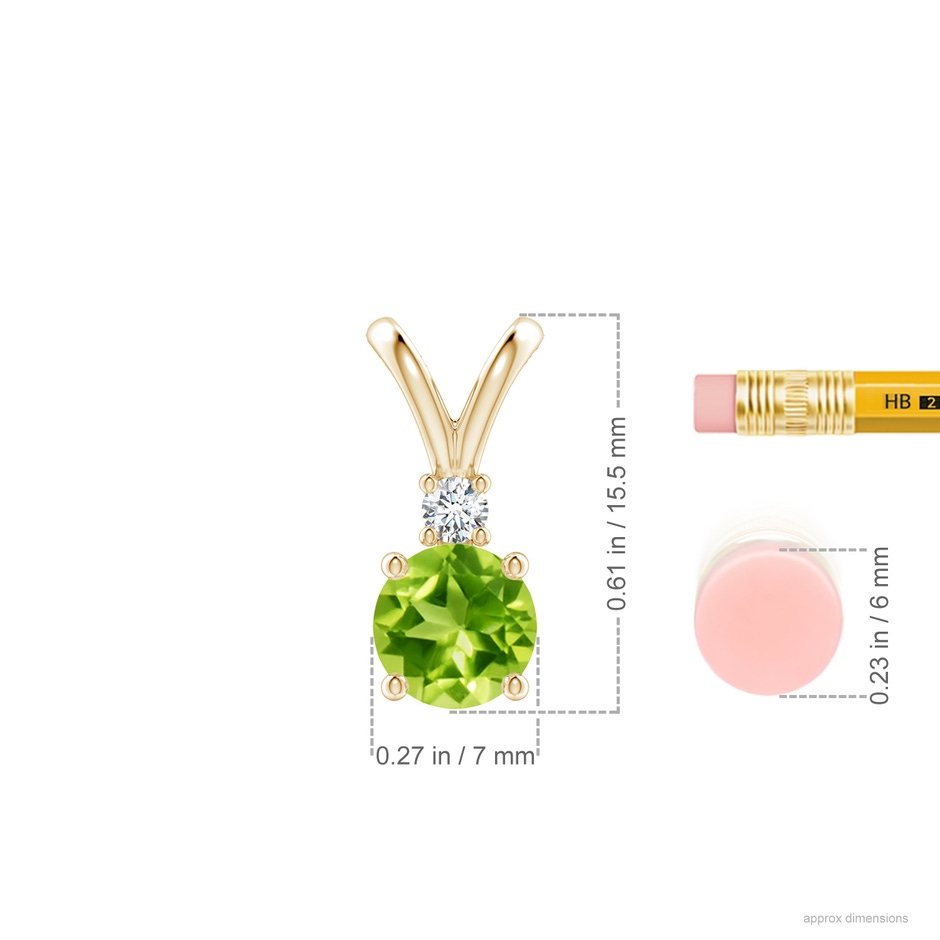 7mm AAA Round Peridot Solitaire V-Bale Pendant with Diamond in Yellow Gold ruler