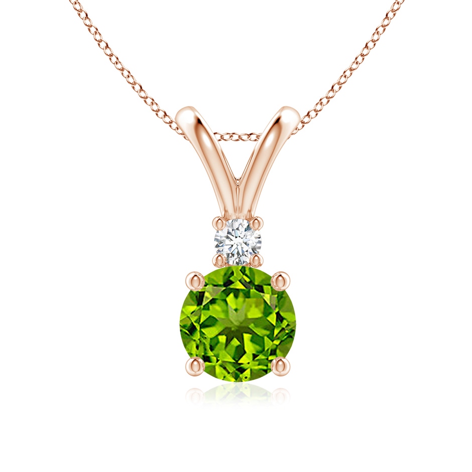 7mm AAAA Round Peridot Solitaire V-Bale Pendant with Diamond in Rose Gold 