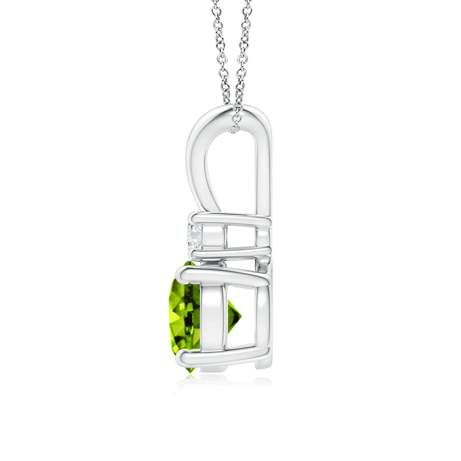 7mm AAAA Round Peridot Solitaire V-Bale Pendant with Diamond in White Gold