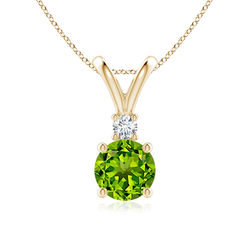 7mm AAAA Round Peridot Solitaire V-Bale Pendant with Diamond in Yellow Gold 