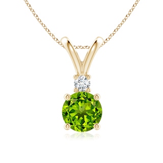 7mm AAAA Round Peridot Solitaire V-Bale Pendant with Diamond in Yellow Gold