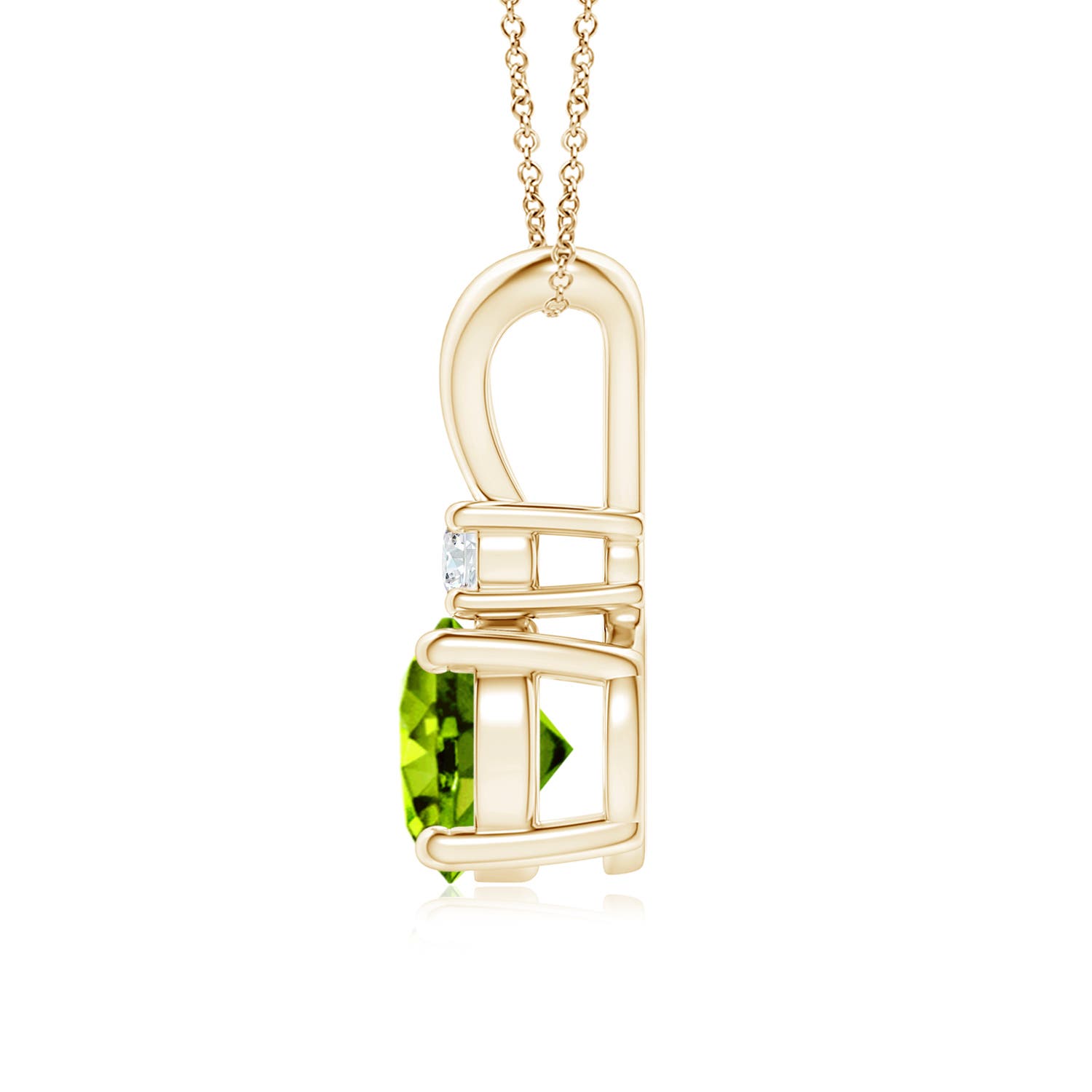 7mm AAAA Round Peridot Solitaire V-Bale Pendant with Diamond in Yellow Gold