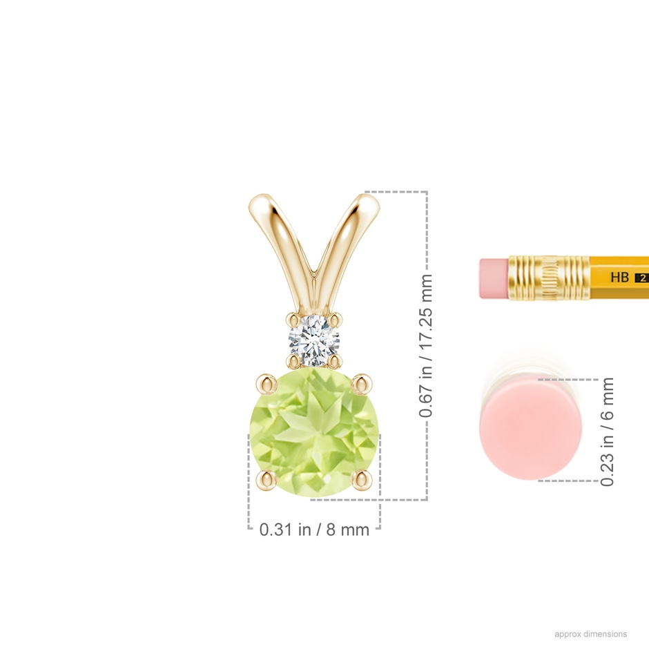 8mm A Round Peridot Solitaire V-Bale Pendant with Diamond in Yellow Gold ruler