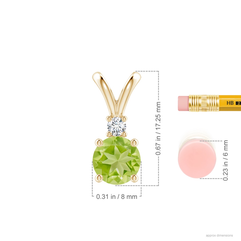 8mm AA Round Peridot Solitaire V-Bale Pendant with Diamond in Yellow Gold ruler