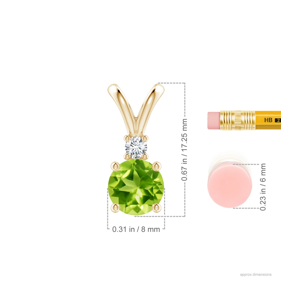8mm AAA Round Peridot Solitaire V-Bale Pendant with Diamond in Yellow Gold ruler