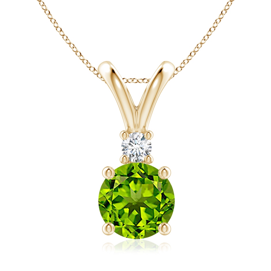 8mm AAAA Round Peridot Solitaire V-Bale Pendant with Diamond in Yellow Gold 