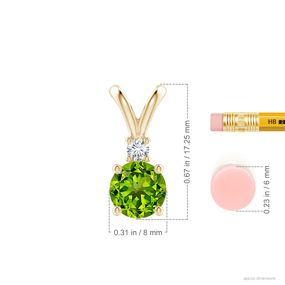 8mm AAAA Round Peridot Solitaire V-Bale Pendant with Diamond in Yellow Gold ruler