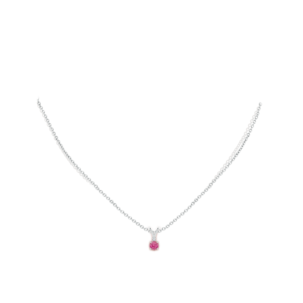 4mm AAA Round Pink Sapphire Solitaire V-Bale Pendant with Diamond in White Gold Body-Neck