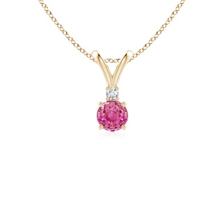 4mm AAA Round Pink Sapphire Solitaire V-Bale Pendant with Diamond in Yellow Gold