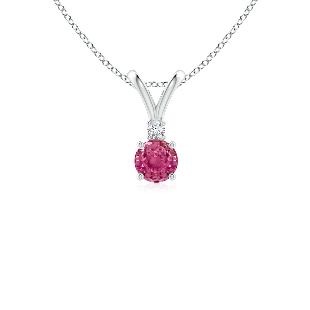4mm AAAA Round Pink Sapphire Solitaire V-Bale Pendant with Diamond in P950 Platinum