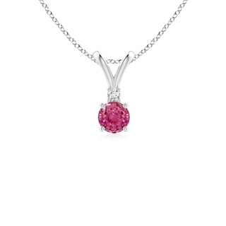 4mm AAAA Round Pink Sapphire Solitaire V-Bale Pendant with Diamond in White Gold