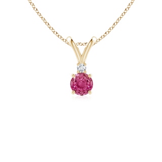4mm AAAA Round Pink Sapphire Solitaire V-Bale Pendant with Diamond in Yellow Gold