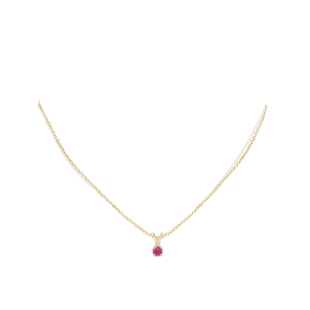 4mm AAAA Round Pink Sapphire Solitaire V-Bale Pendant with Diamond in Yellow Gold Body-Neck