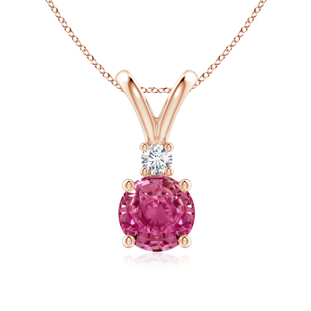 7mm AAAA Round Pink Sapphire Solitaire V-Bale Pendant with Diamond in Rose Gold
