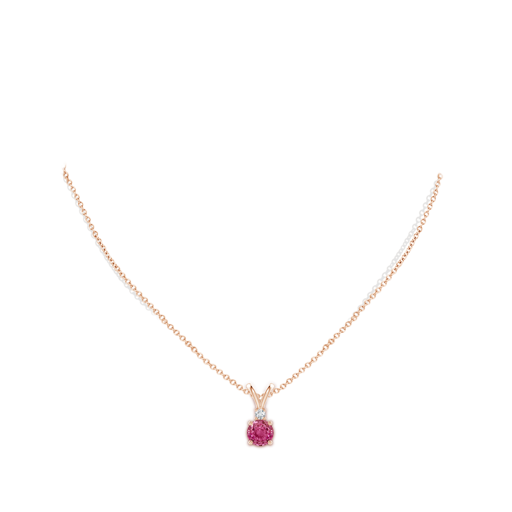 7mm AAAA Round Pink Sapphire Solitaire V-Bale Pendant with Diamond in Rose Gold Body-Neck