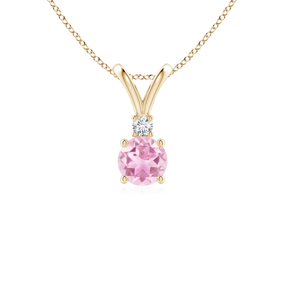 5mm A Round Pink Tourmaline Solitaire V-Bale Pendant with Diamond in Yellow Gold 