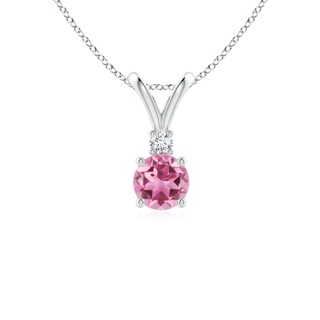 5mm AAA Round Pink Tourmaline Solitaire V-Bale Pendant with Diamond in 10K White Gold