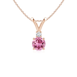 5mm AAA Round Pink Tourmaline Solitaire V-Bale Pendant with Diamond in Rose Gold
