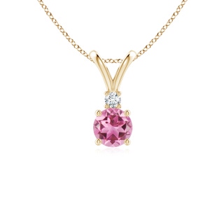 5mm AAA Round Pink Tourmaline Solitaire V-Bale Pendant with Diamond in Yellow Gold