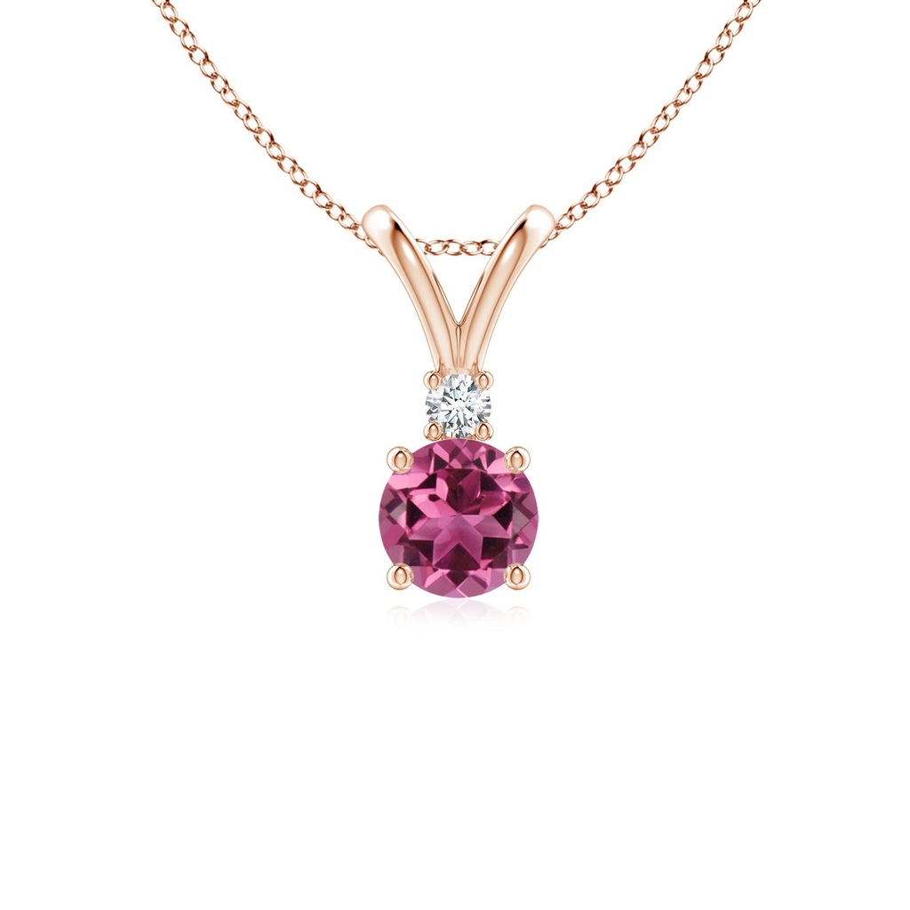 5mm AAAA Round Pink Tourmaline Solitaire V-Bale Pendant with Diamond in Rose Gold