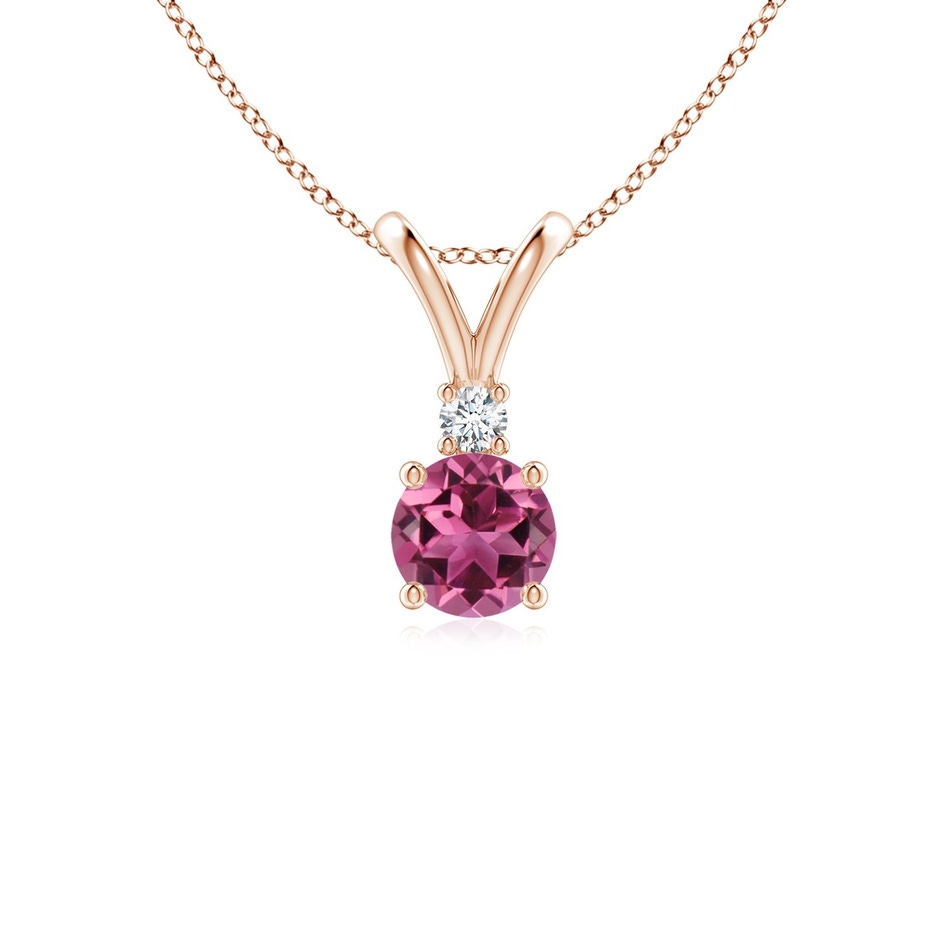 5mm AAAA Round Pink Tourmaline Solitaire V-Bale Pendant with Diamond in Rose Gold 