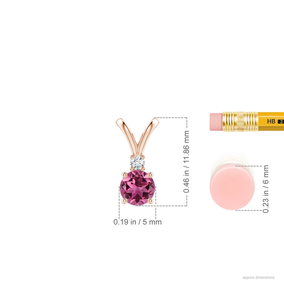 5mm AAAA Round Pink Tourmaline Solitaire V-Bale Pendant with Diamond in Rose Gold ruler