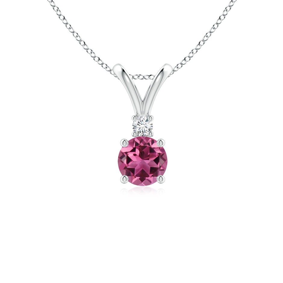 5mm AAAA Round Pink Tourmaline Solitaire V-Bale Pendant with Diamond in White Gold 