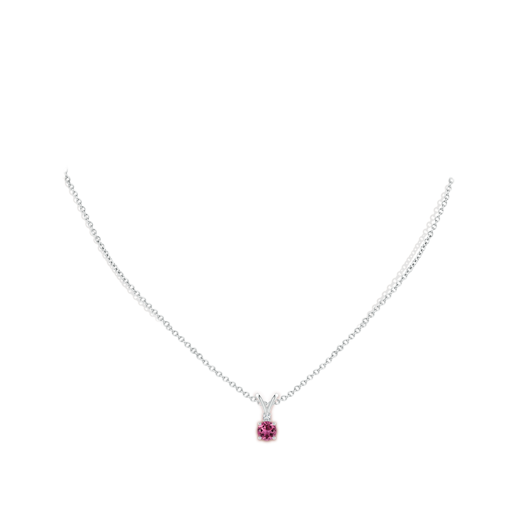 5mm AAAA Round Pink Tourmaline Solitaire V-Bale Pendant with Diamond in White Gold Body-Neck