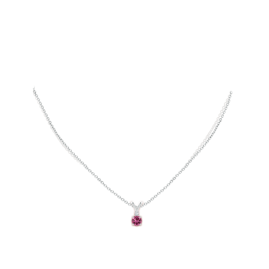 5mm AAAA Round Pink Tourmaline Solitaire V-Bale Pendant with Diamond in White Gold body-neck