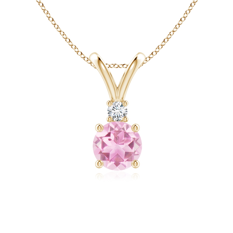 6mm A Round Pink Tourmaline Solitaire V-Bale Pendant with Diamond in Yellow Gold 