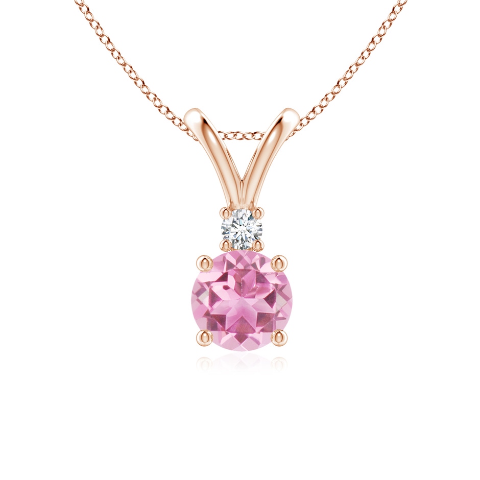 6mm AA Round Pink Tourmaline Solitaire V-Bale Pendant with Diamond in Rose Gold 