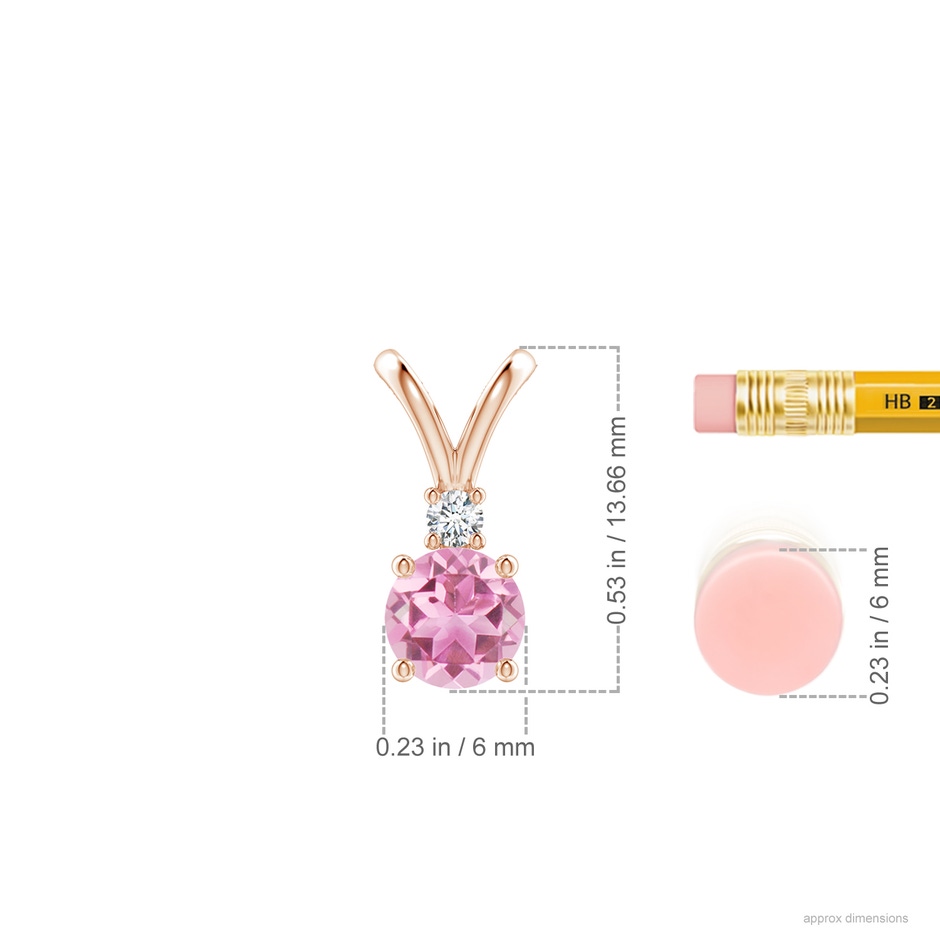 6mm AA Round Pink Tourmaline Solitaire V-Bale Pendant with Diamond in Rose Gold ruler