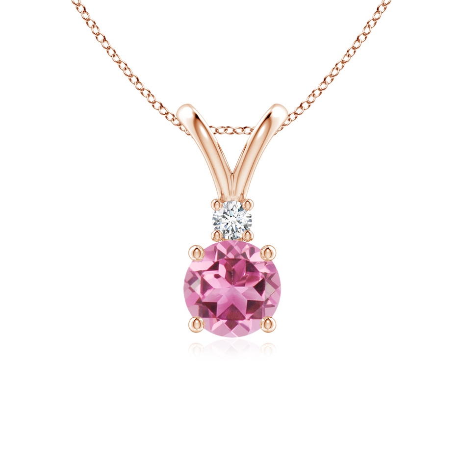 6mm AAA Round Pink Tourmaline Solitaire V-Bale Pendant with Diamond in Rose Gold 
