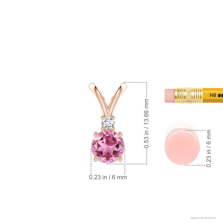 6mm AAA Round Pink Tourmaline Solitaire V-Bale Pendant with Diamond in Rose Gold ruler