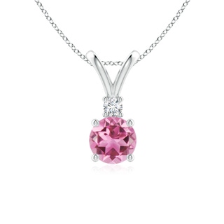 6mm AAA Round Pink Tourmaline Solitaire V-Bale Pendant with Diamond in White Gold