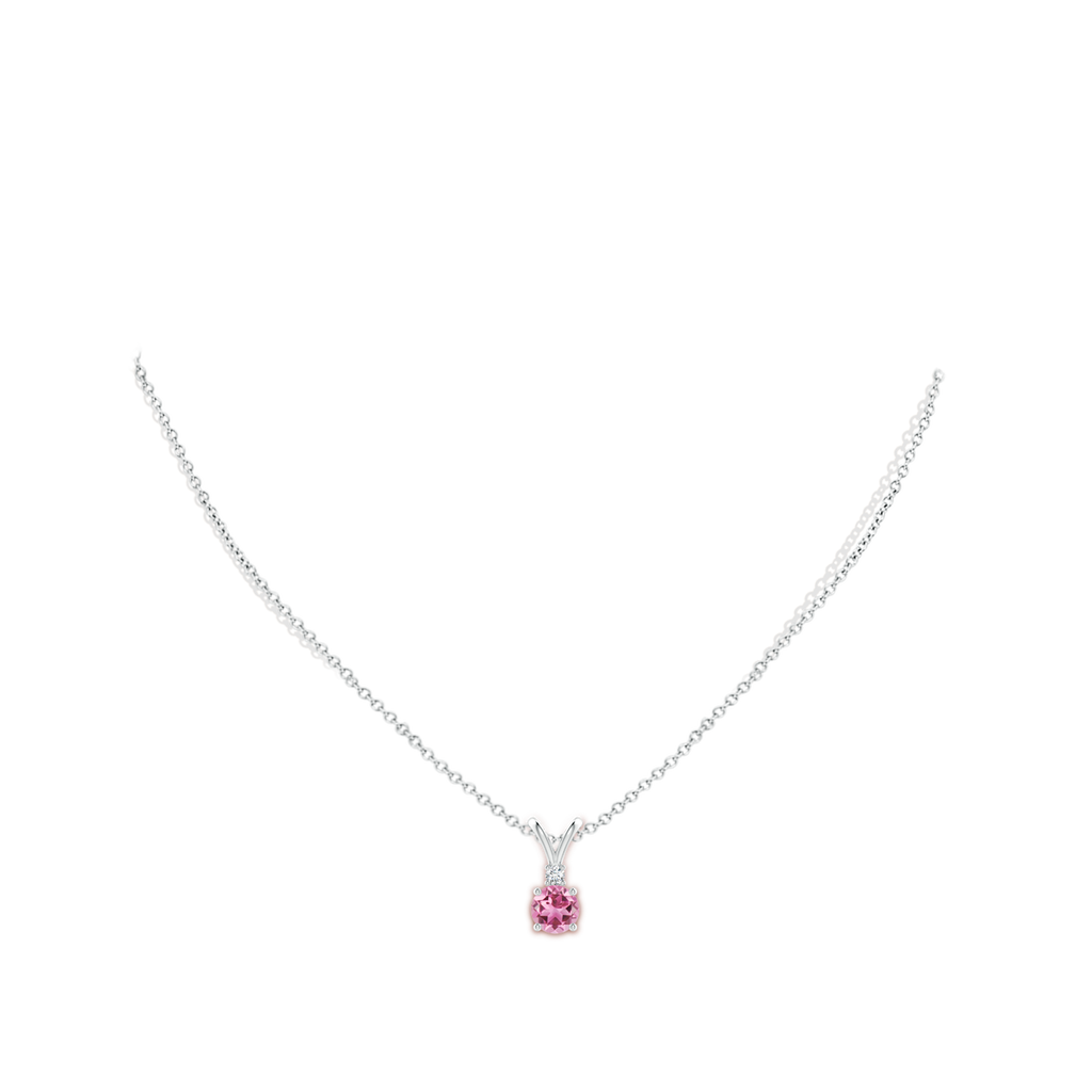 6mm AAA Round Pink Tourmaline Solitaire V-Bale Pendant with Diamond in White Gold Body-Neck