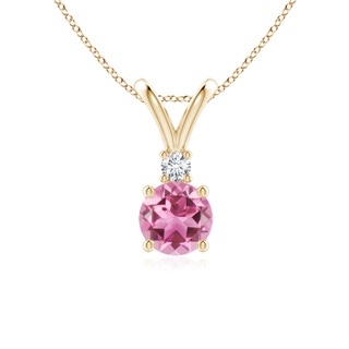 6mm AAA Round Pink Tourmaline Solitaire V-Bale Pendant with Diamond in Yellow Gold