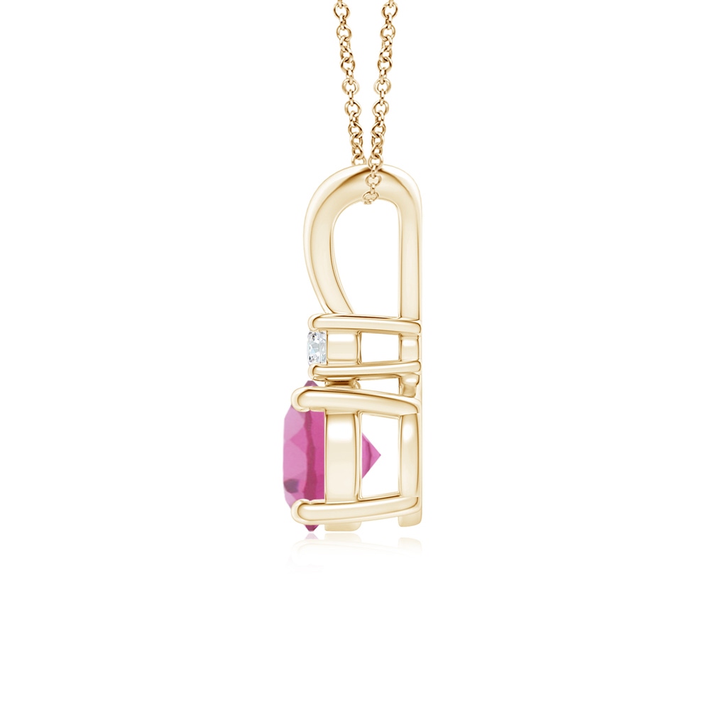 6mm AAA Round Pink Tourmaline Solitaire V-Bale Pendant with Diamond in Yellow Gold Side 1